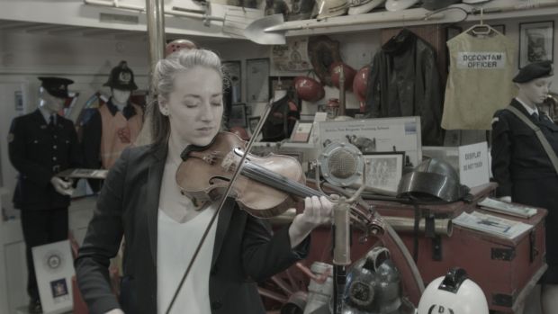 Classical violinist and fiddler Aoife Ní Bhriain on site in the Fire Brigade Training Centre in the Coombe
