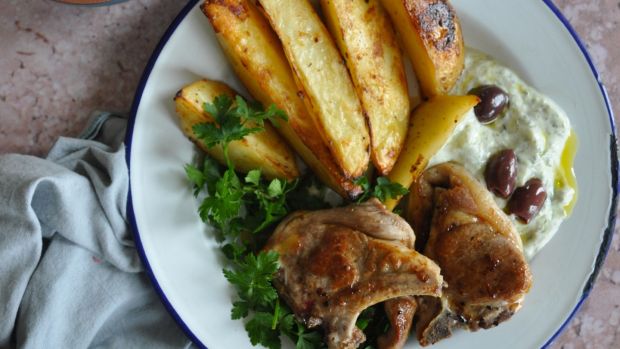 Greek Potatoes With Lamb Chops And Tzatziki