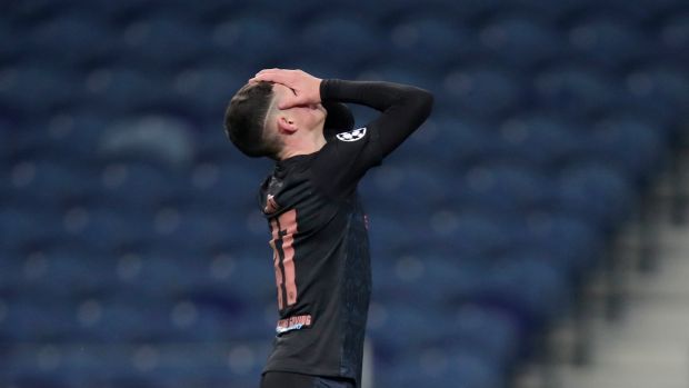 Phil Foden reacts during Manchester City’s draw with Porto. Photograph: Luis Vieira/AP