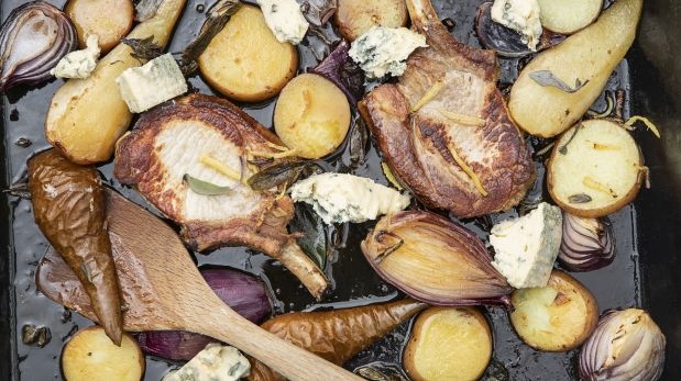 Pork chops with roasted pears, sage, onion and gorgonzola. Photograph: Harry Weir Photography