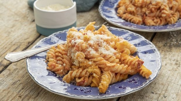 Baked pasta with chorizo and Parmesan. Photograph: Harry Weir Photography