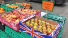  Cox Pippin apple and orange display market stall display in Bray, Co Wicklow. 