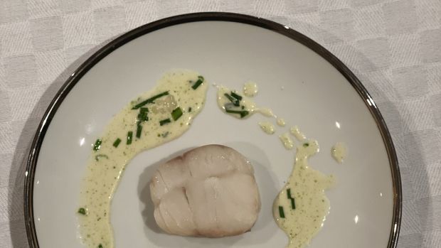 Pollack with mussel cream sauce with horseradish pearls and dill oil. Photograph: Corinna Hardgrave