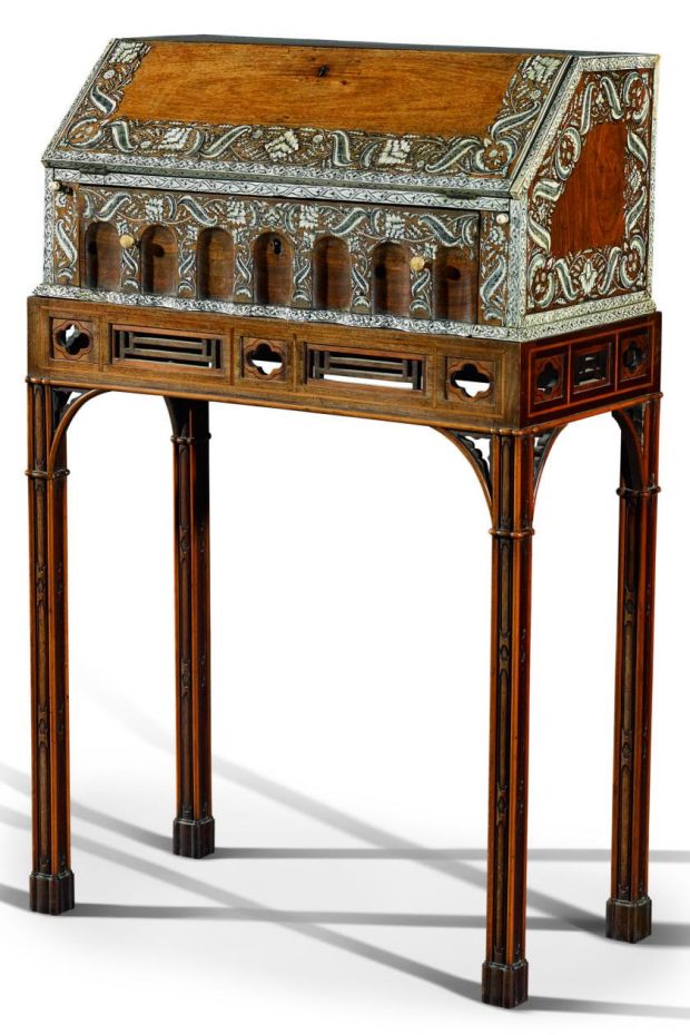 A rare Anglo-Indian inlaid bureau mounted on a mahogany stand supplied by Thomas Chippendale to Sir Edward Knatchbull in 1767 (£40,000-£60,000)