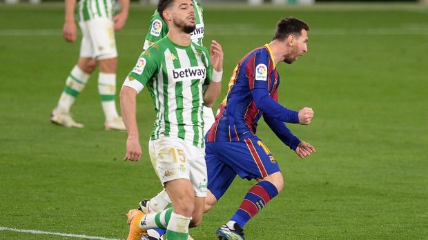 Messi celebrates after scoring the equaliser against Real Betis last week. Photo: Cristina Quicler/AFP via Getty Images