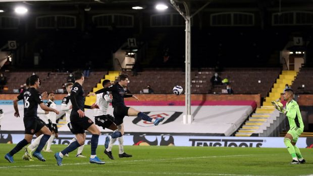 John Stones opens the scoring for Manchester City against Fulham. Photograph: Catherine Iville/Getty/AFP