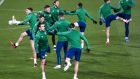 The Republic of Ireland squad train at the Stadion Rajko Mitic in Belgrade ahead of Wednesday night’s opening World Cup qualifier against Serbia. Photograph: Nikola Krstic/Inpho
