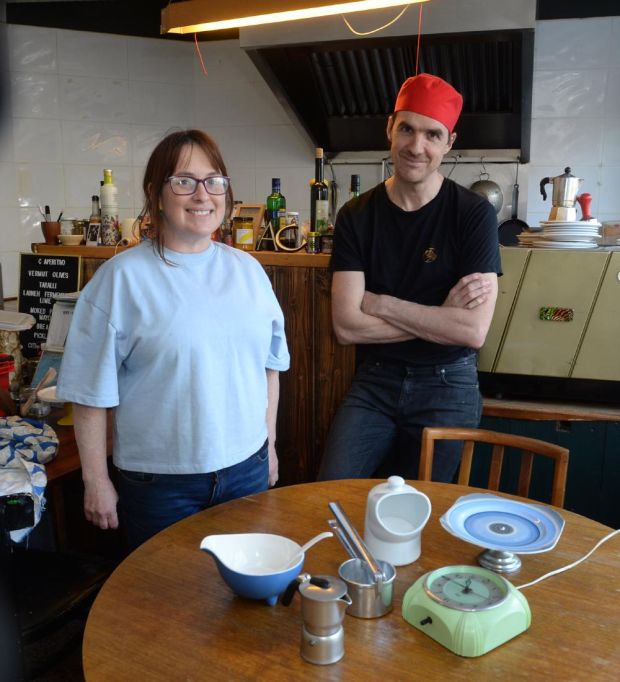 Gwen McGrath and Ken Doherty, in Assassination Custard, Kevin Street Lower, Dublin. with some of the items they like to use in their kitchen. Photograph: Dara Mac Dónaill / The Irish Times