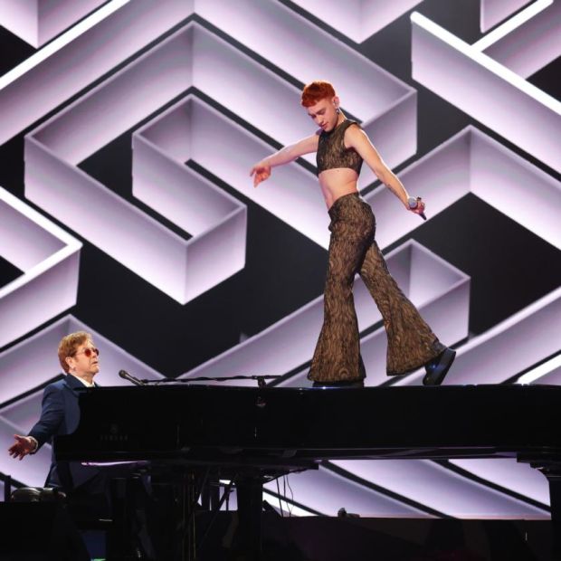 Olly Alexander of Years & Years and Elton John perform at the Brit Awards 2021 at the O2 Arena, London. Photograph: John Marshall/PA Wire