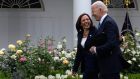 US vice-president Kamala Harris and  President Joe Biden in the Rose Garden of the White House after Biden spoke at an event. Photograph:  Nicholas Kamm/AFP via Getty Images