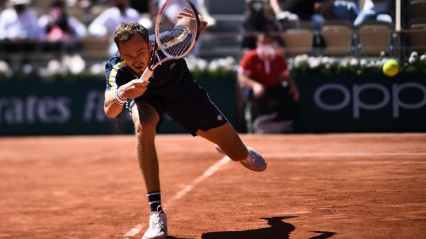 Russia’s Daniil Medvedev returns the ball to Kazakhstan’s Alexander Bublik during their men’s singles first-round match at the French Open at Roland Garros. Photograph: Anne-Christine Poujoulat/AFP via Getty Images