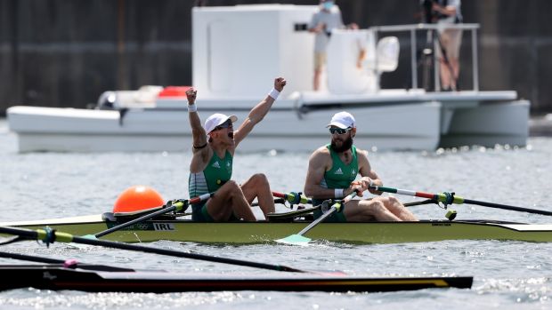 Irelandâ€™s Fintan McCarthy and Paul Oâ€™Donovan celebrate winning gold in the lightweight double sculls. Photograph: Morgan Treacy/Inpho