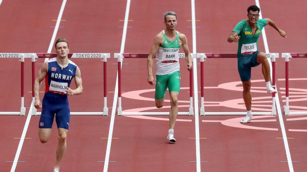 Norwayâ€™s Karsten Warholm leads Thomas Barr. Photo: Bryan Keane/Inpho