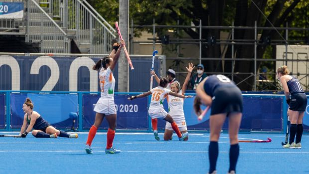 Irelandâ€™s Deirdre Duke reacts as the Indian goal is scored. Photo: Morgan Treacy/Inpho