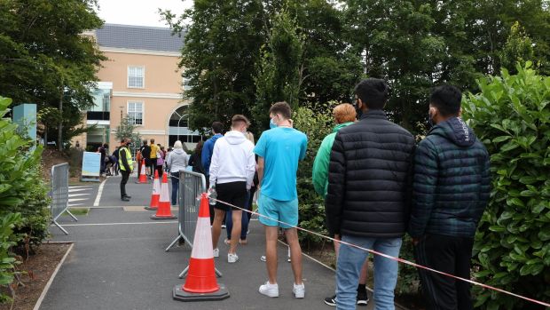 A queue outside the vaccination centre at Citywest in Dublin on Sunday. Photograph: Collins