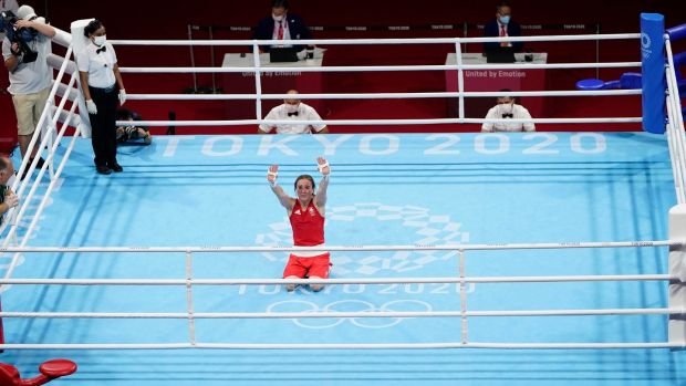 Irelandâ€™s Kellie Harrington celebrates winning gold against Brazilâ€™s Beatriz Ferreira in the womenâ€™s light Olympic Games (57-60kg) final bout at the Kokugikan Arena. Photo: Frank Franklin II/AP Photo