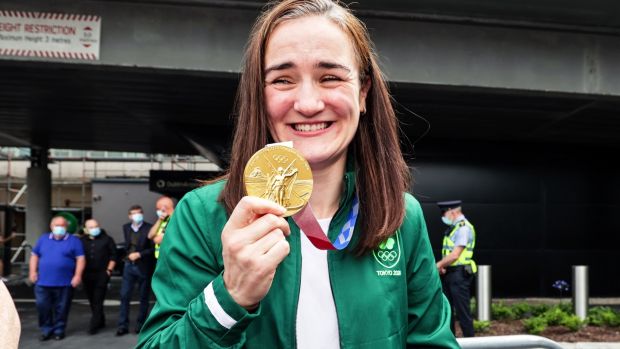 Team Ireland return home from Tokyo: Kellie Harrington with her gold medal at Dublin Airport. Photograph: Laszlo Geczo/ Inpho