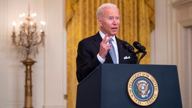 US president Joe Biden defends his actions on Afghanistan during a speech in the East Room of the White House in Washington DC. Photograph: EPA