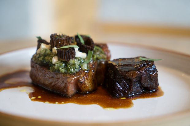 Higgins butchers rib-eye, morels, celeriac, tarragon sauce