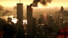 The World Trade Center burns in a scene from the 1998 film Armageddon