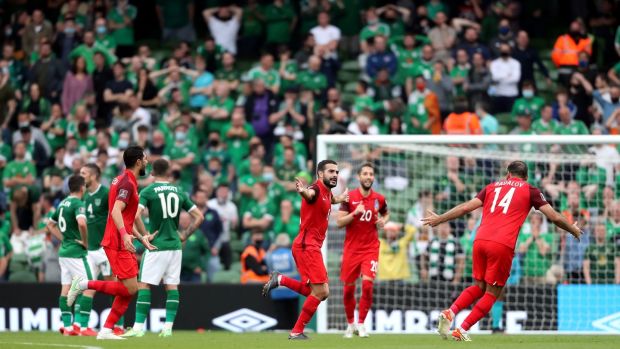 Azerbaijanâ€™s Emin Mahmudov celebrates after his long range effort gave his side the lead against Ireland. Photograph: Niall Carson/PA