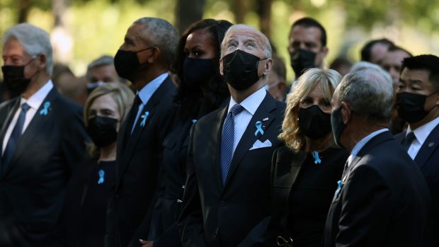 Bill Clinton, Hillary Clinton, Barack Obama, Michelle Obama, US president Joe Biden and first lady Jill Biden attend the annual 9/11 commemoration ceremony in New York. Photograph: Chip Somodevilla/Getty