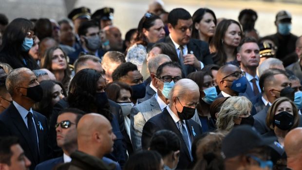 Barack Obama, Michelle Obama, US president Joe Biden and first lady Jill Biden commemorate the 20th anniversary of 9/11, in New York. Photograph: Jim Watson/AFP/Getty