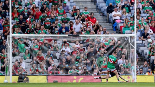 Mayoâ€™s Ryan Oâ€™Donoghue misses a penalty. Photo: James Crombie/Inpho