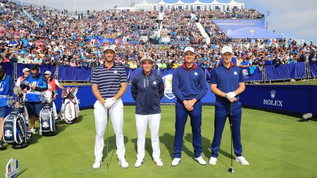 Dustin Johnson and Rickie Fowler of the United States pose with European duo Justin Rose and Henrik Stenson ahead of their foursomes match at the 2018 Ryder Cup at Le Golf National in Paris. Photograph: Andrew Redington/Getty Images