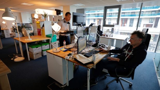 Amo (standing) and Dan at Coworkinn at The Cube offices in Beacon South Quarter, Sandyford, Photograph: Alan Betson/The Irish Times