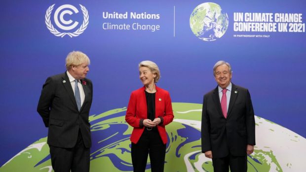 British prime minister Boris Johnson and UN secretary general Antonio Guterres greet European Commission President Ursula von der Leyen at Cop26 in Glasgow. Photograph: Christopher Furlong/Getty