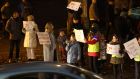 Local organisations held a protest on Thursday night outside the Archbishop’s Palace on the Drumcondra Road, appealing to be permitted back into the hall. Photograph: Dara Mac Dónaill