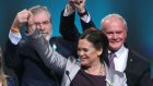  Gerry Adams and Martin McGuinness with Mary Lou McDonald in at the Sinn Féin ardfheis in 2016. Photograph: Niall Carson/PA Wire