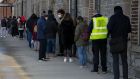 Members of the public queue outside the Covid-19 vaccination centre at Richmond Barracks Inchicore, Dublin. Photograph: Gareth Chaney/Collins