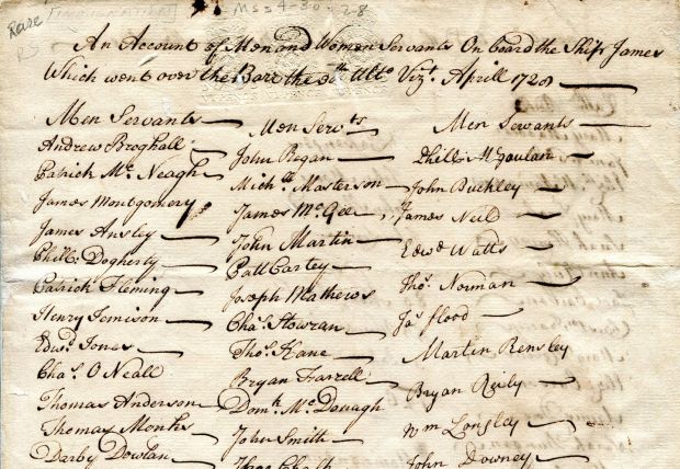 Une Liste Manuscrite D'Hommes Et De Femmes Naviguant Vers L'Amérique Sur Le Navire James, Partant Le 30 Avril 1728