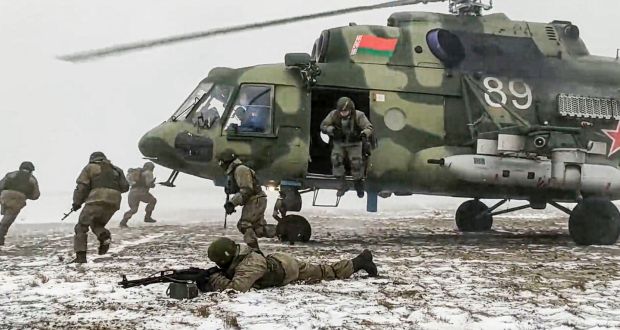 Russian soldiers take part in the Belarusian and Russian joint military drills at Brestsky firing range in Belarus last week. Photograph: Russian Defense Ministry Press Service via AP