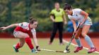 UCD’s Katherine Egan, right, in action against Grace Irwin of Pegasus. The Irish international scored against France and will pose a threat to leaders Pembroke on Saturday.  Photograph: Laszlo Geczo