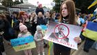Protesters outside   the Russian embassy in Dublin on Friday afternoon. Photograph: Nick Bradshaw/The Irish Times