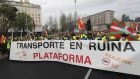 Truck drivers stage a protest outside the transport ministry on the twelfth day of the strike against rising fuel prices, in Madrid. Photograph: Fernando Alvarado/EPA