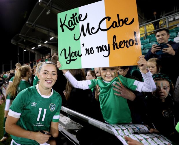 Ireland's Katie McCabe meets a fan after a match at Tallaght Stadium.  Photography: INPHO/James Crombiev