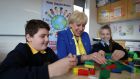 Minister for Social Protection Heather Humphreys at Scoil Treasa Naofa Primary School, Donore Avenue, Dublin, with recently arrived Ukrainian pupils. Photograph: Nick Bradshaw