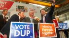Democratic Unionist Party  leader Jeffrey Donaldson, centre, during the launch of the party’s mainfesto for the upcoming  Northern Ireland Assembly elections. Photograph: Mark Marlow/PA Wire