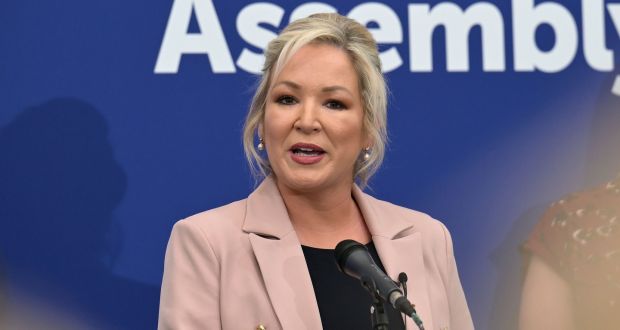 Sinn Féin vice-president Michelle O’Neill makes her election acceptance speech after the Northern Ireland Assembly elections, at Meadowbank Sports Arena,  Magherafelt, Co Derry. Photograph: Charles McQuillan/Getty