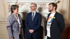 Minister for Children and Equality Roderic O’Gorman (centre) meets  Jayne Ozanne, director of the Ozanne Foundation, and Alan Edge, of LGBT Ireland at the launch of LGBT Ireland’s Ban Conversion Therapy campaign. Photograpah Marc O’Sullivan