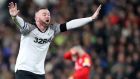 Wayne Rooney of Derby County during the Championship match against Barnsley at Pride Park. Photograph: Bradley Collyer/PA Wire