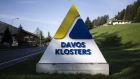 A sign for Davos Klosters, which is playing host once again to the World Economic Forum after a two-year hiatus due to the pandemic. Photograph: EPA/GIAN EHRENZELLER