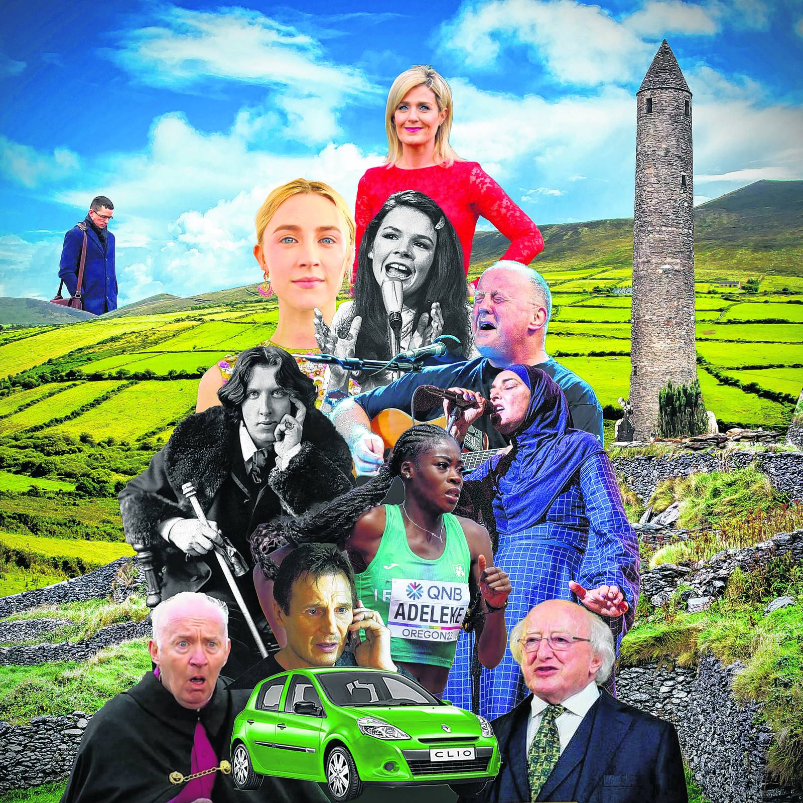 Montage showing some famous Irish people and landmarks dthat feature in the Irish Times Paddy's Day quiz 2023