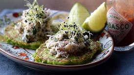 Sweet pea pancakes with crab