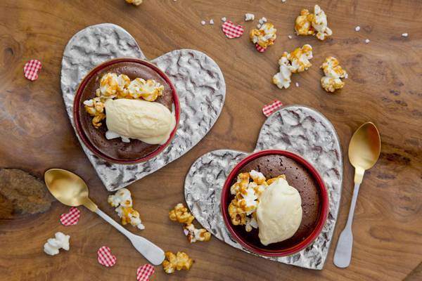 Hot chocolate puddings with salted caramel popcorn