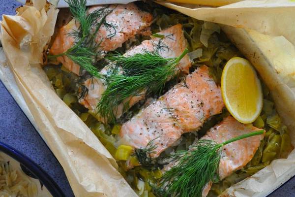 Buttered leeks, salmon and dill with orzo